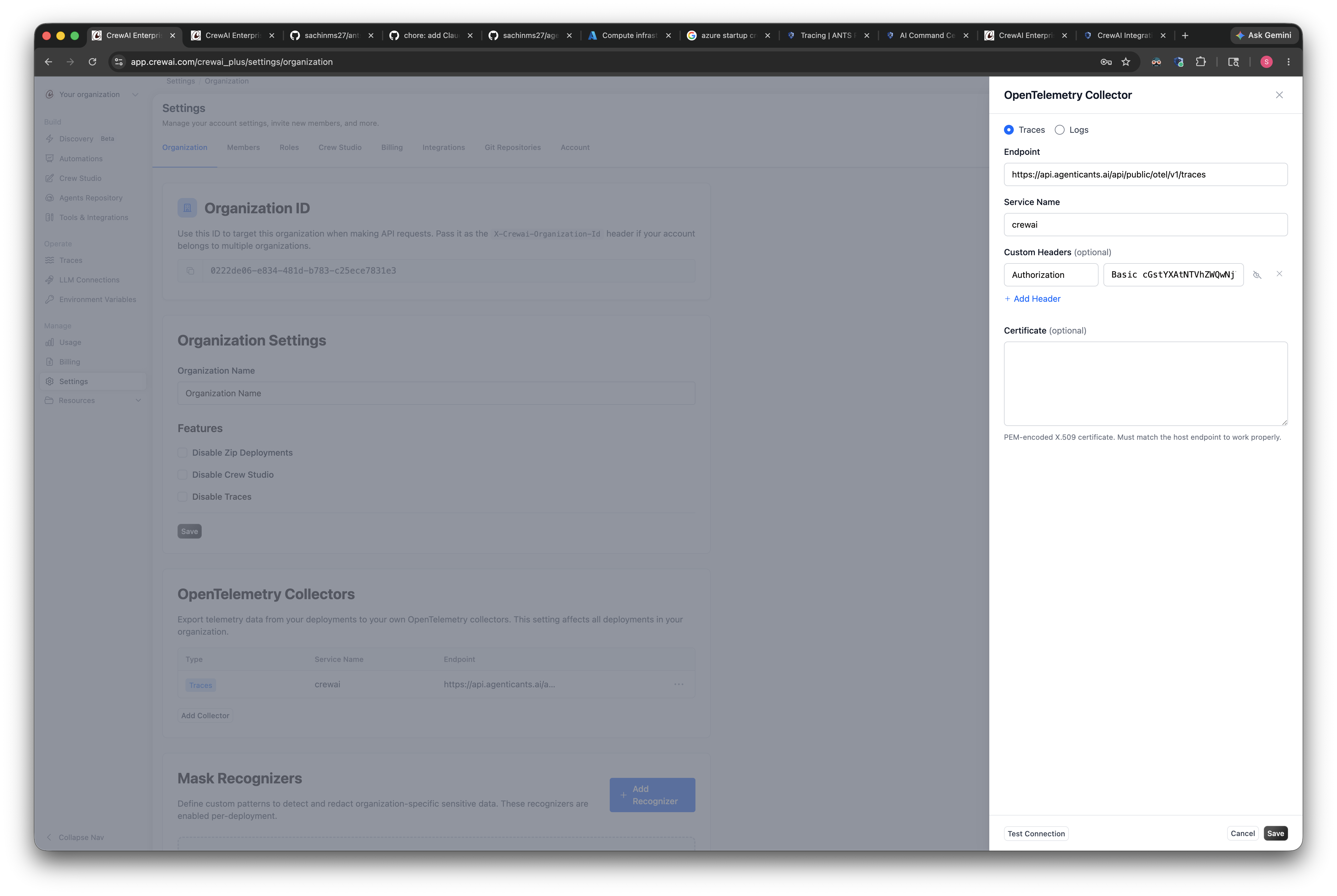 CrewAI Enterprise OTel Collector configuration form